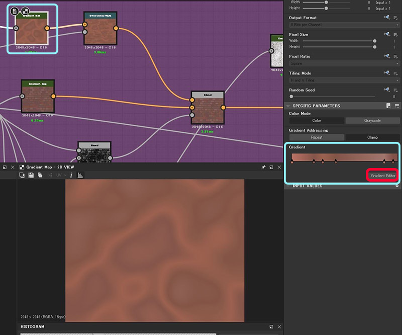 substance designer レンガの壁のマテリアル作成 ノード構成
『Gradient Map』と『Directional Warp』